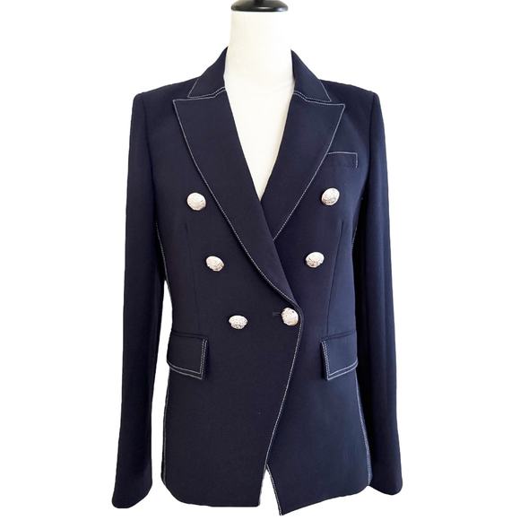Veronica Beard Miller Navy Blue Jacket Contrast White Stitch Blazer Size 6 - Picture 3 of 16